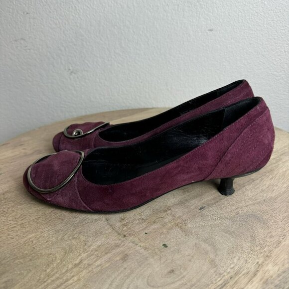 Melin Made In Italy Leather Lined Suede Kitten Heels Size 37 - Maroon Buckle Y2K - Picture 5 of 11